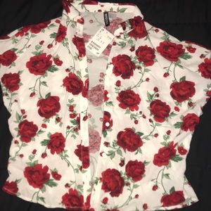Rose print button down t-shirt